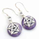 A Pair of Sterling Silver and Amethyst Pentacle Earrings. 3cm Drop. Set with 1.5cm Round Wheel