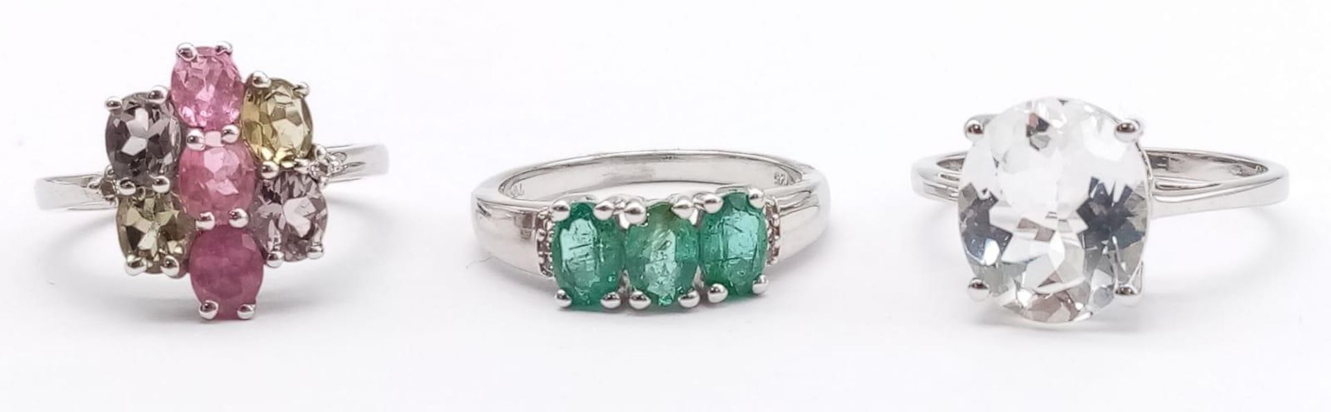 Three 925 Sterling Silver Gemstone Rings: Tourmaline - Size N, Topaz - Size S and Emerald - Size P. - Image 2 of 4