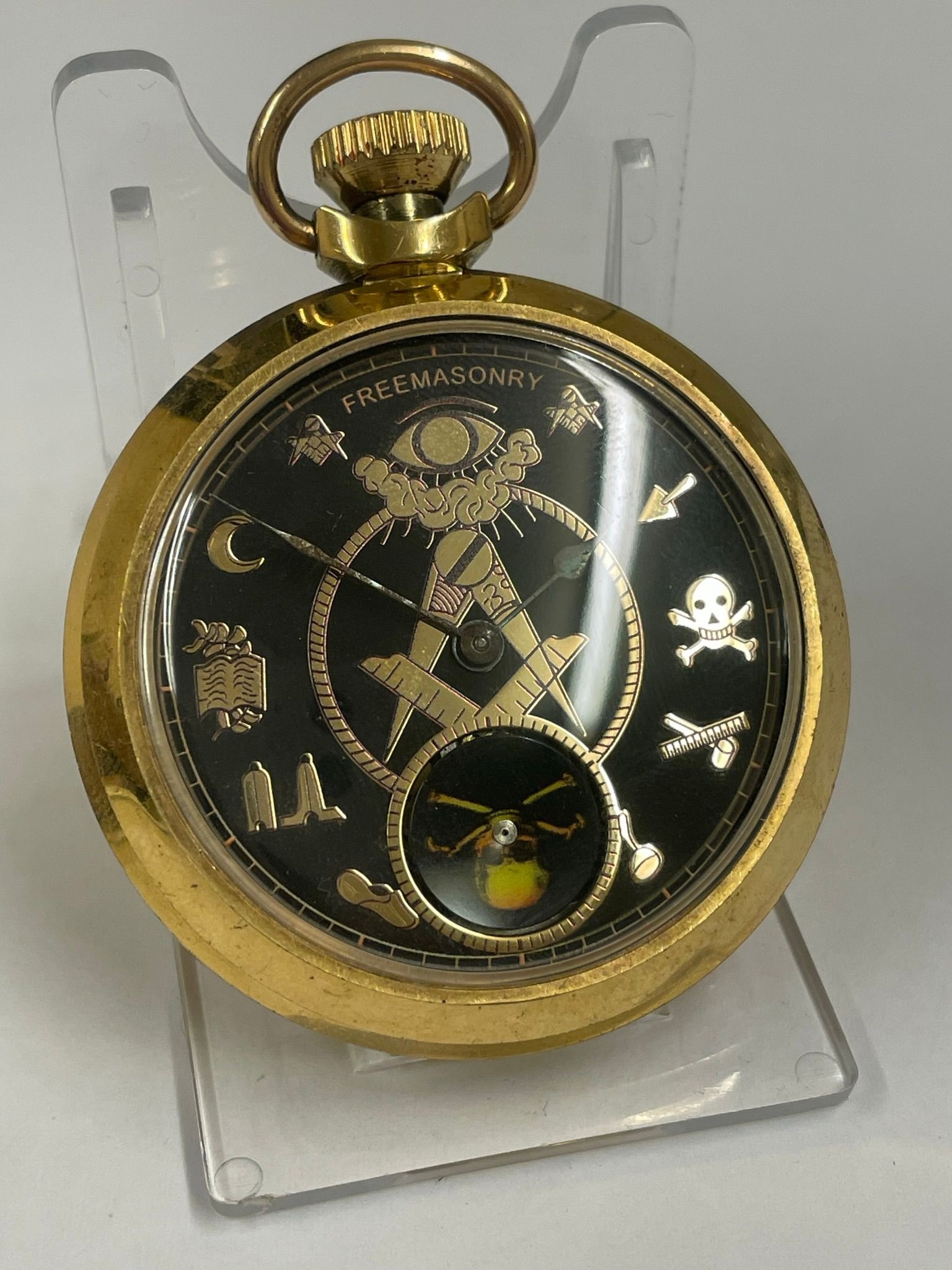 Vintage Masonic automaton pocket watch , rotating skull on disk as watch ticks . Working - Image 3 of 6