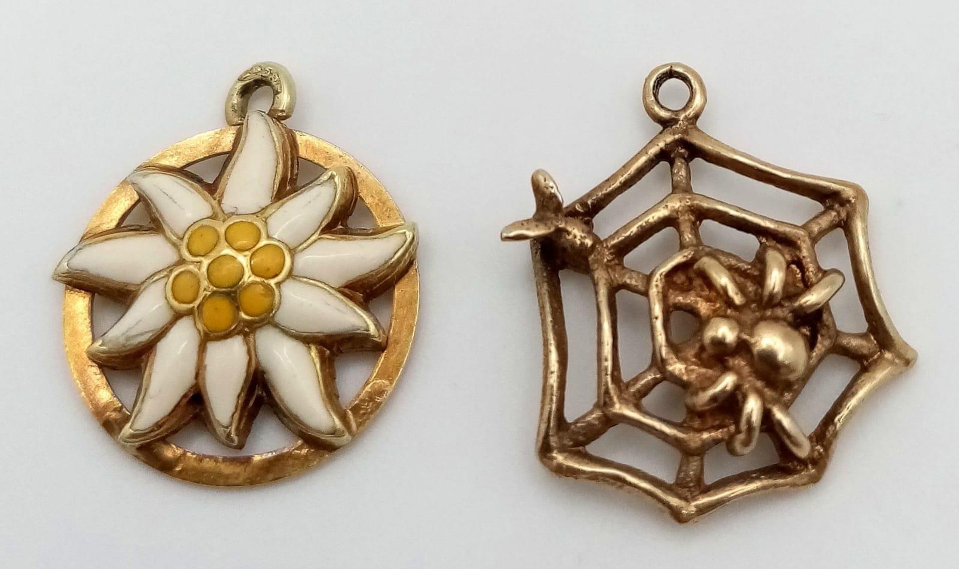 Two 9K Gold Springtime Pendants/Charms. Sunflower and Spiders Web! 14mm. 2.14g total weight.