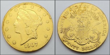A $20 GOLD LIBERTY COIN DATED 1907 AND WEIGHING 33.43gms THIS COIN IS IN VERY GOOD CONDITION