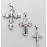 3 X STERLING SILVER STONE SET CROSSES PENDANTS, WEIGHT 8.1G, SEE PHOTOS FOR DETAILS