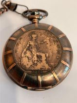 PENNY POCKET WATCH Complete with genuine 1918 Penny set into front of case.Finished in bronze with