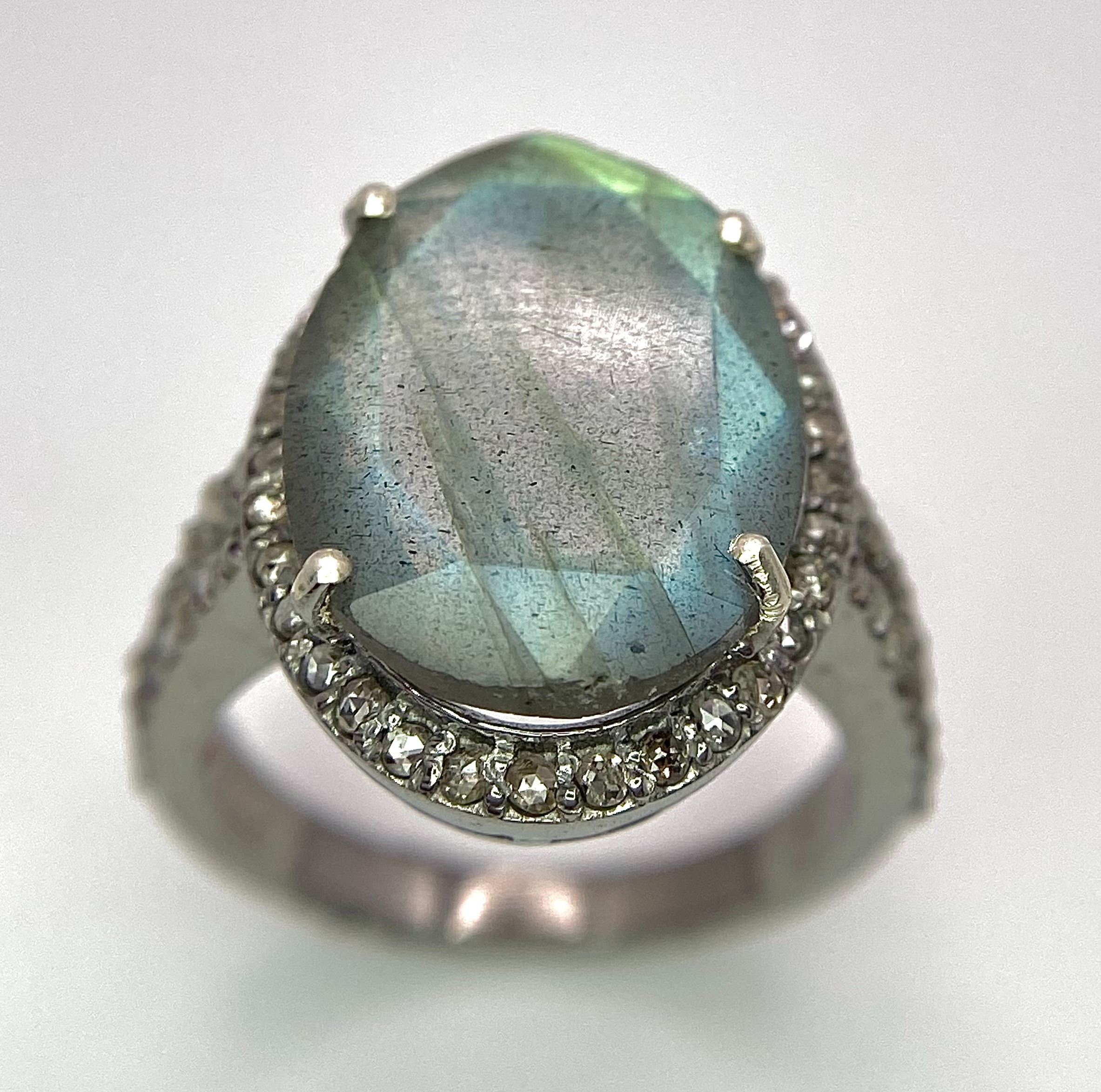 A 6.5ct Labradorite and Rose cut Diamond Ring. Diamonds- 0.60ctw. Size N. Comes with a