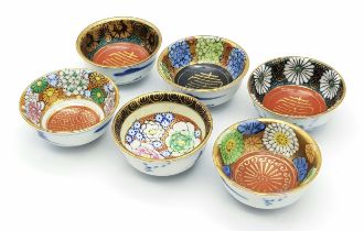 A Set of Six Vintage Decorative Small Japanese Bowls. Gilded and Multi-Colour Decoration. 5.5cm