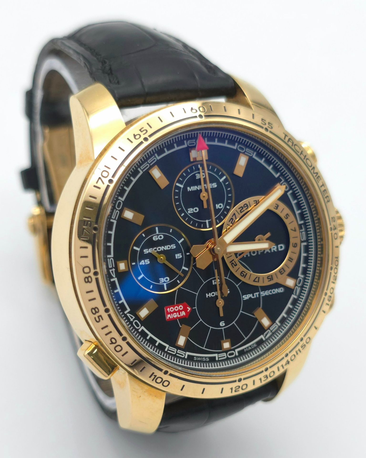 A Limited Edition (195/250) Chopard 18K Gold Mille Miglia Chronograph Gents Watch. Black leather - Image 5 of 8
