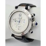 An Automatic Cartier Pasha 2113 Chronograph Gents Watch. Black leather Cartier strap. Stainless