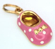 A 9K YELLOW GOLD BABY PINK SHOE CHARM. 2.5cm length, 1g total weight. Ref: SC 8039