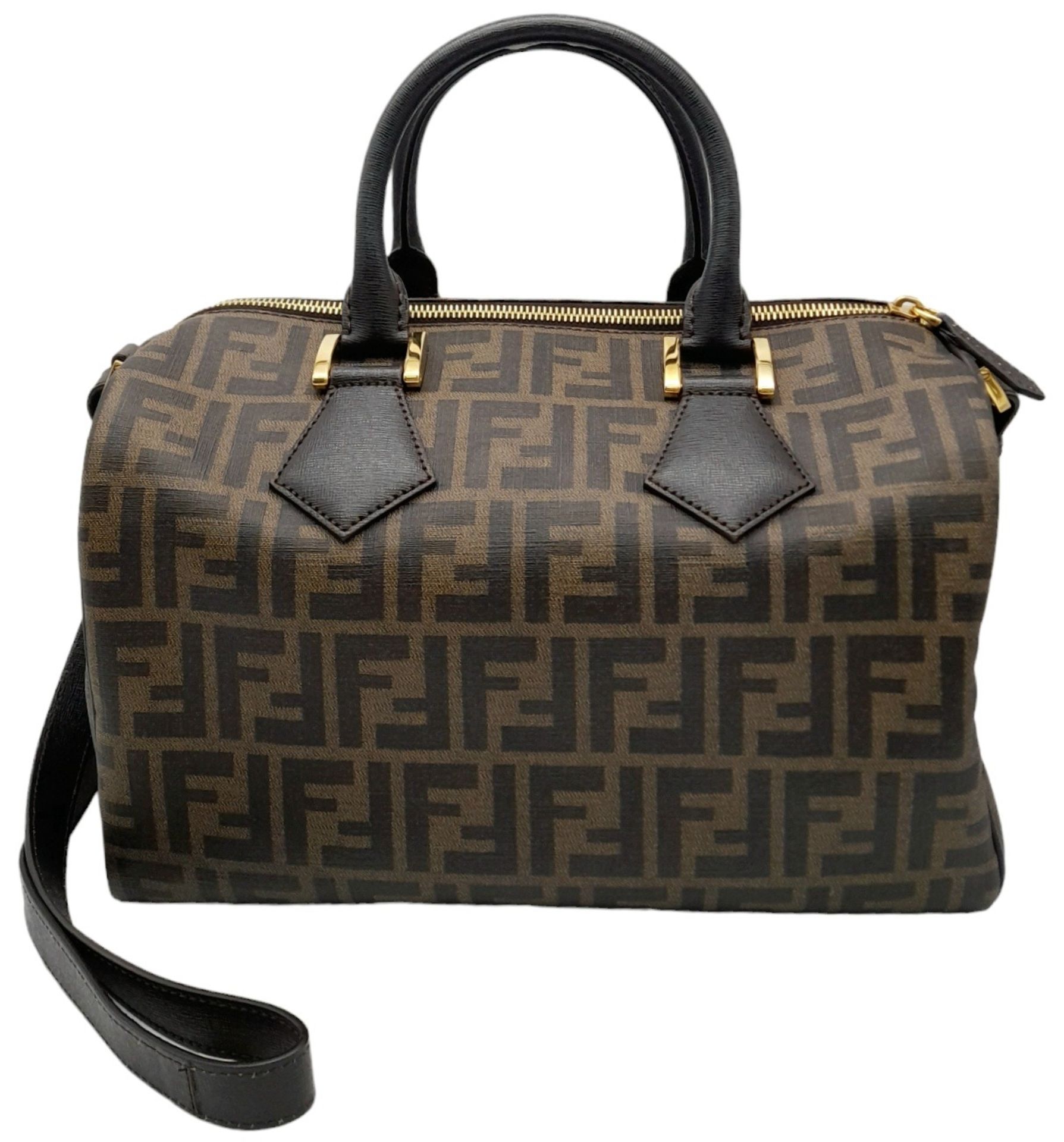 A Fendi Zucca Canvas Boston Bag. Canvas exterior, gold-tone hardware, adjustable strap, zipped top - Image 7 of 9