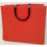 A Fendi Coral Sunshine Tote Bag. Textile exterior with leather trim, silver-toned hardware and two