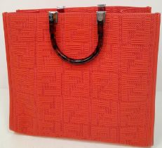 A Fendi Coral Sunshine Tote Bag. Textile exterior with leather trim, silver-toned hardware and two