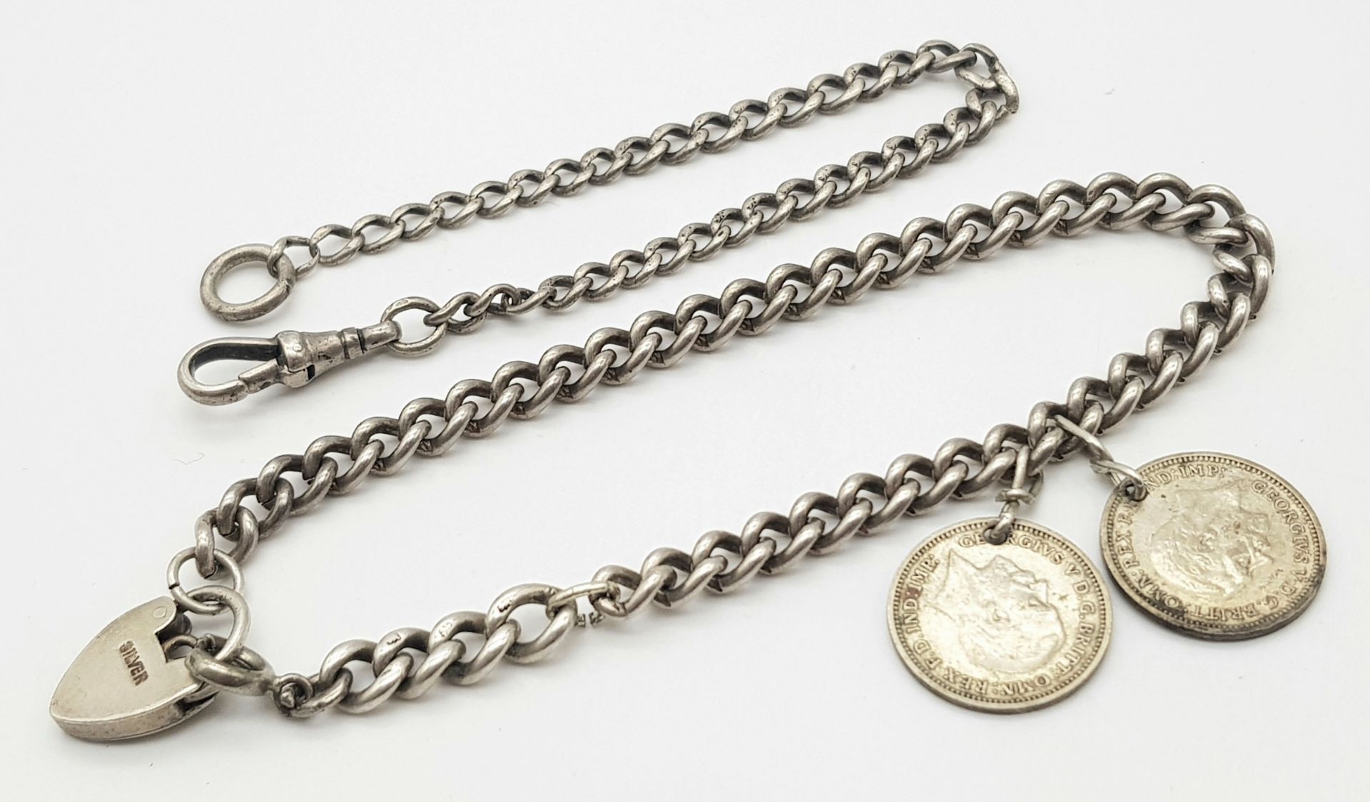 Two Vintage Sterling Silver Bracelets - One with heart clasp and two threepence coins. 22g
