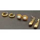 Three Different Style Pairs of 9K Yellow Gold Earrings. No backs. 5.1g total weight.