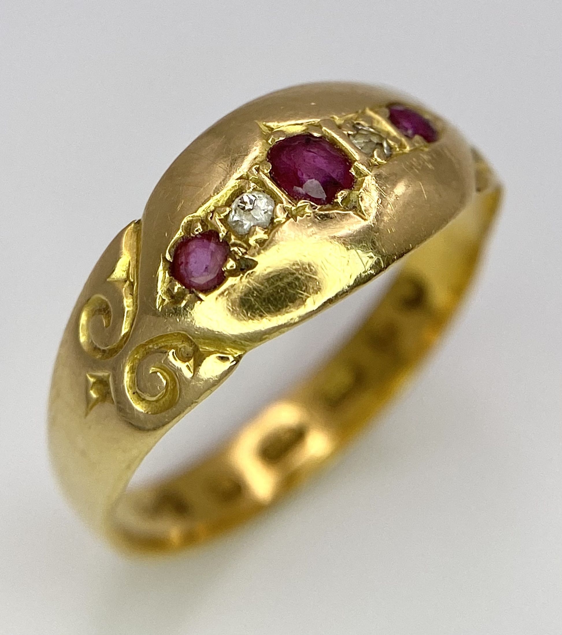 An Antique 22K Yellow Gold Ruby and Diamond Ring. Size M. 2.6g total weight. - Image 2 of 6