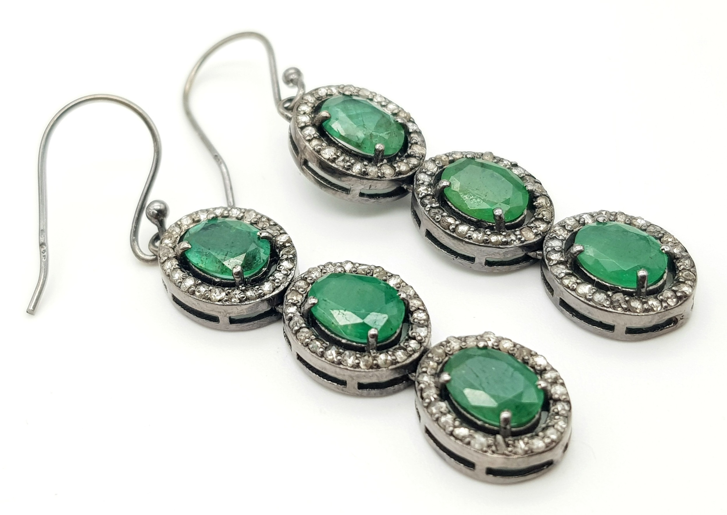 A Pair of Emerald Gemstone Drop Earrings with Halos of Diamonds. Set in 925 Silver. Emeralds -