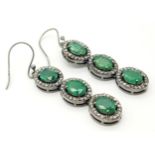 A Pair of Emerald Gemstone Drop Earrings with Halos of Diamonds. Set in 925 Silver. Emeralds -