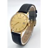 A Vintage Bulova 9K Gold Cased Mechanical Gents Watch. Black leather strap. 9K gold inscribed case -