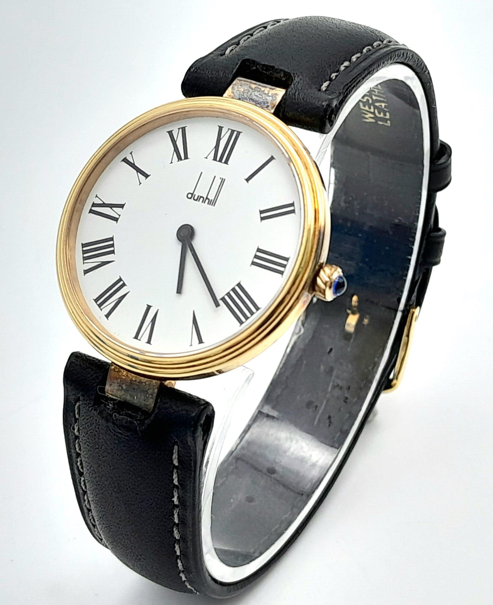 A Dunhill Sterling Silver Gilt Chronometer Watch. 34mm Case, Black Leather Strap. Full Working - Image 2 of 8