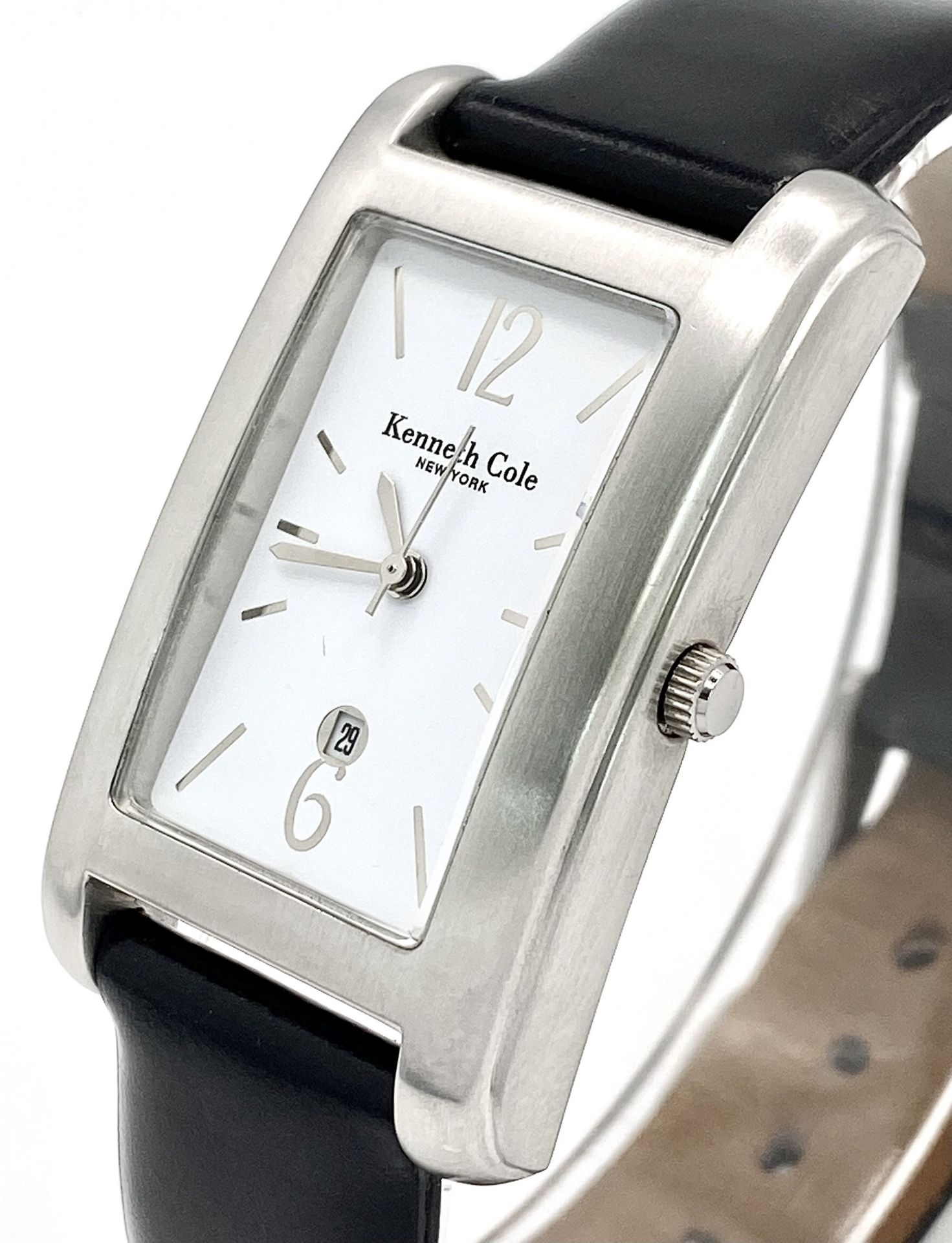 A Kenneth Cole New York Tank Style Quartz Date Watch. 26mm Case. Full Working Order. Comes with - Image 2 of 9
