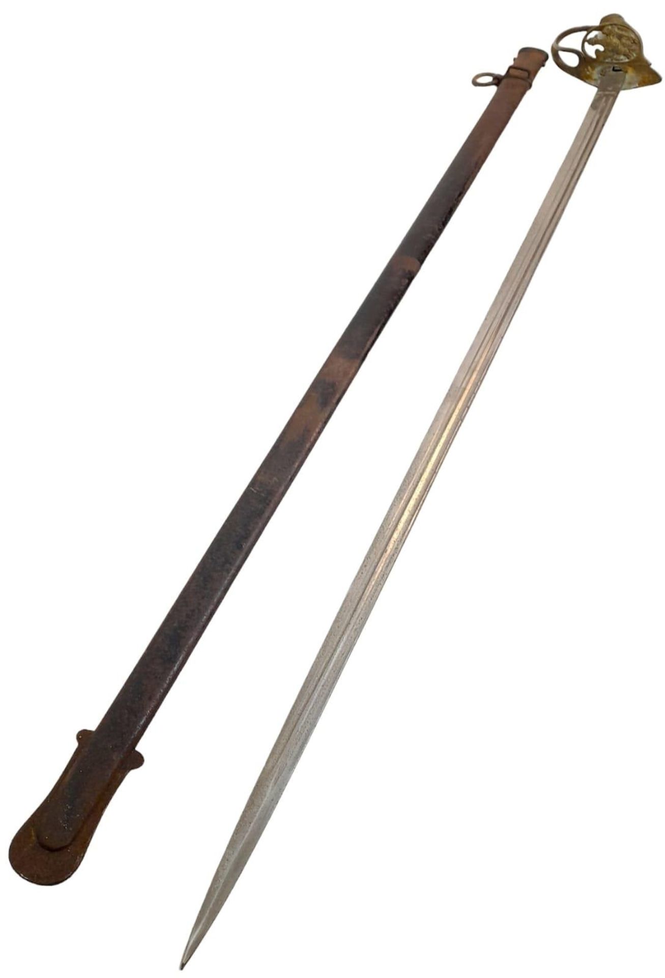 An Antique Prussian Cavalry Sword. Straight blade. Markings of A C S with a scale. Gilt brass hilt