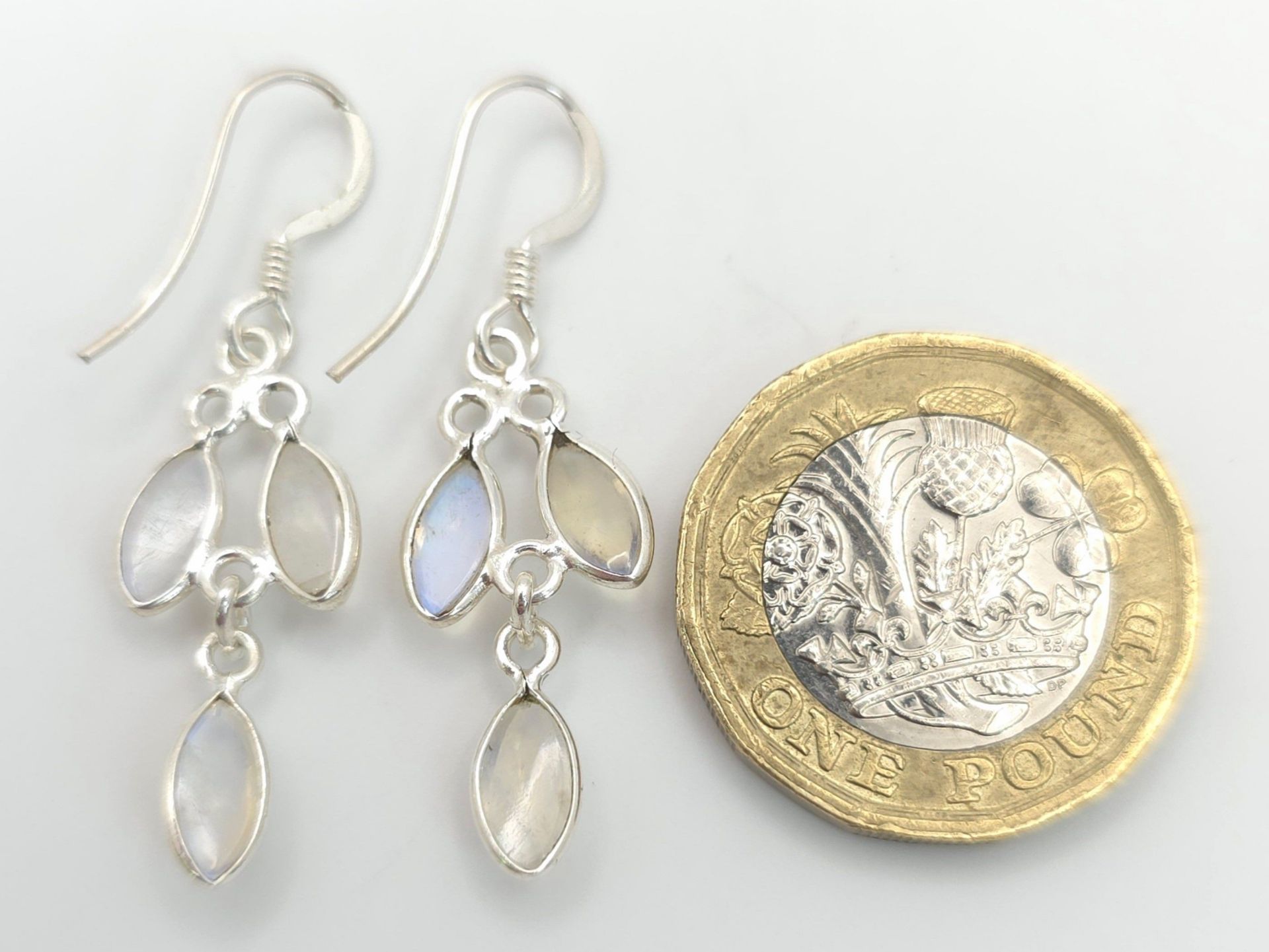 A Pair of Sterling Silver Lavaliere Design Oval Cut Moonstone Earrings. 4cm Length. Each Set with - Image 4 of 5