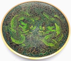 A Vintage Chinese Cloisonné Enamel Plate. Dragon decoration. Markings on base. 23cm diameter.