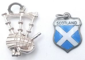 2 X STERLING SILVER SCOTLAND THEMED CHARMS - SCOTTISH FLAG AND BAGPIPES. 1.8cm and 3cm length. 3.