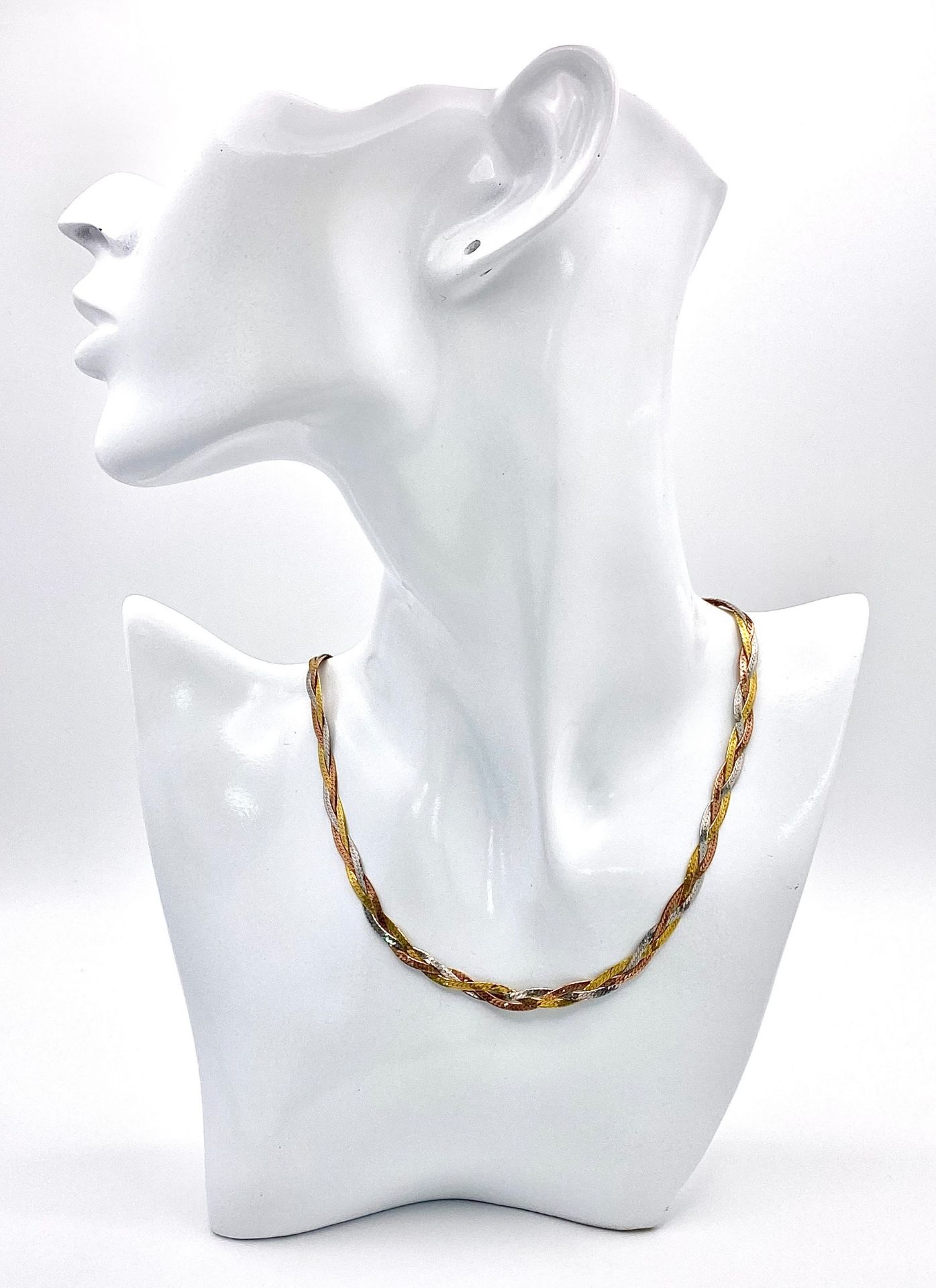 A 9K Tri-Colour Gold Entwined Flat Necklace. 44cm. 7.6g weight - Image 2 of 4