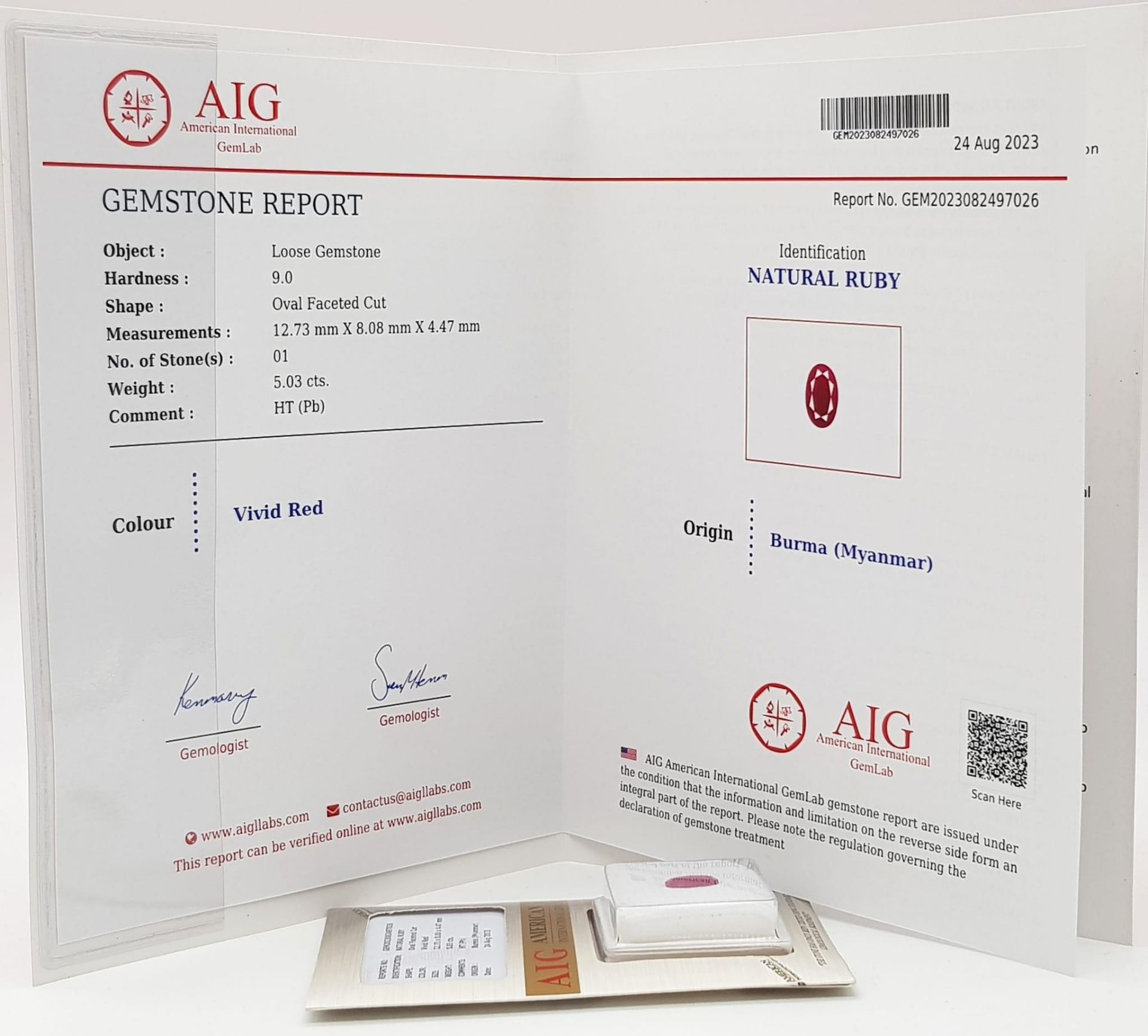 A 5.03ct Rare Burmese Ruby Gemstone - AIG certified in a sealed container. - Image 3 of 4