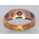 A VINTAGE 18K YELLOW GOLD DIAMOND & RUBY 5 STONE RING (one stone missing). 2.3G. SIZE N.