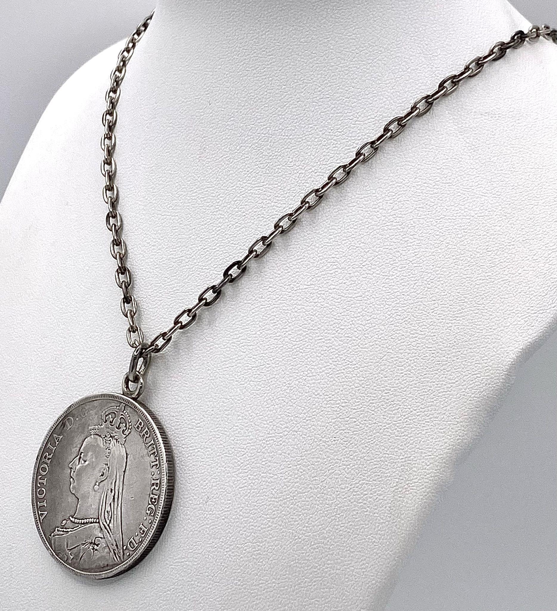 An 1891 Queen Victoria Silver Crown in a Pendant Setting on a Sterling Silver Chain. 41.21g total - Image 2 of 6