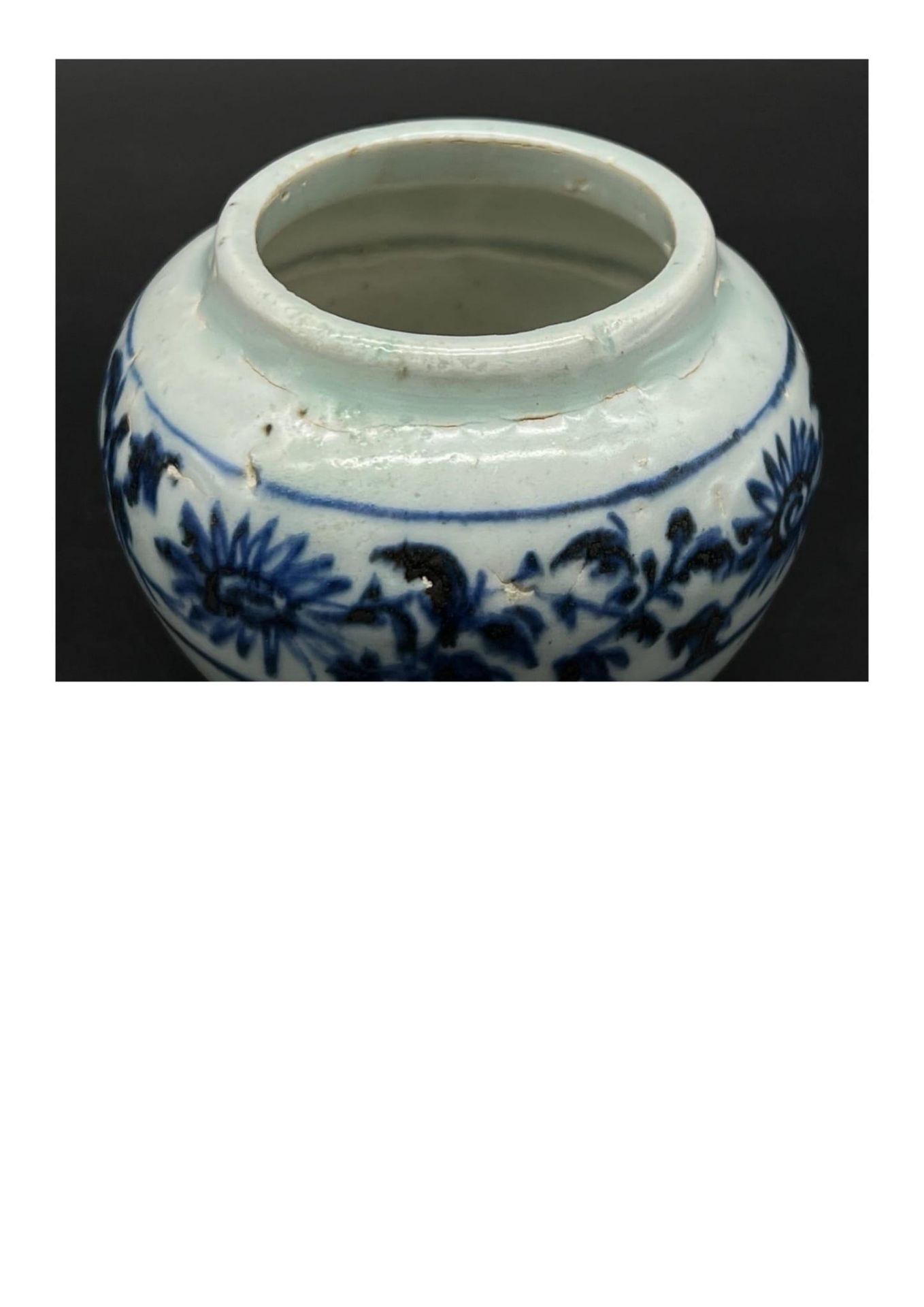 A small blue and white jar with chrysanthemum pattern, Yuan dynasty. Retrieved from Indonesia. - Image 3 of 9