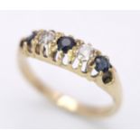 AN 18K YELLOW GOLD (TESTS AS) VINTAGE DIAMOND AND SAPPHIRE OLD CUT RING. 0.15CT OLD CUT DIAMONDS.