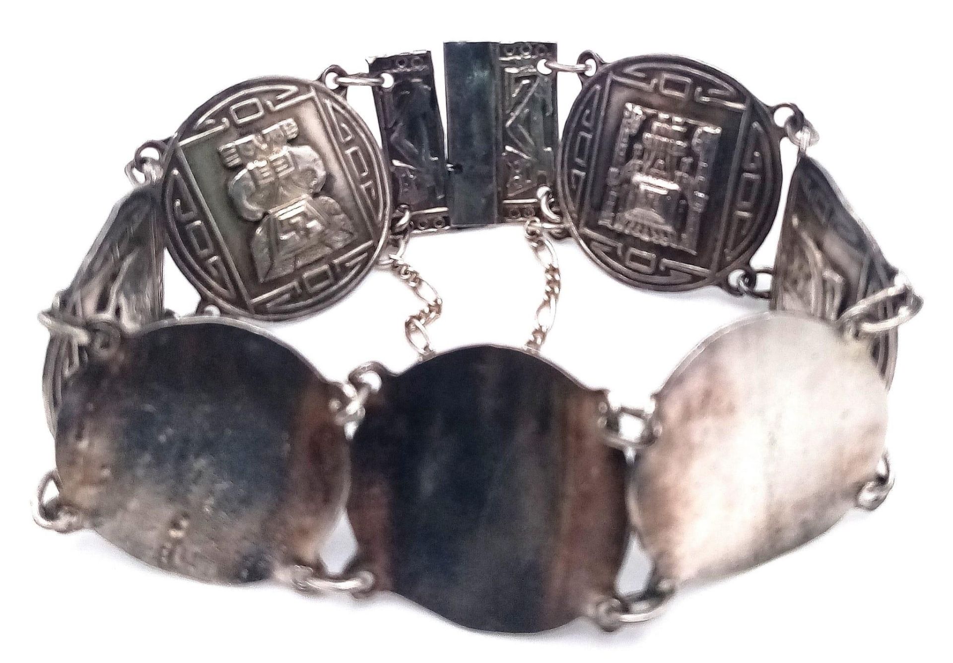 A Silver Fancy Aztec Bracelet with Safety Chain. 19cm length, 26.2g total weight. Ref: 8065 - Image 3 of 4