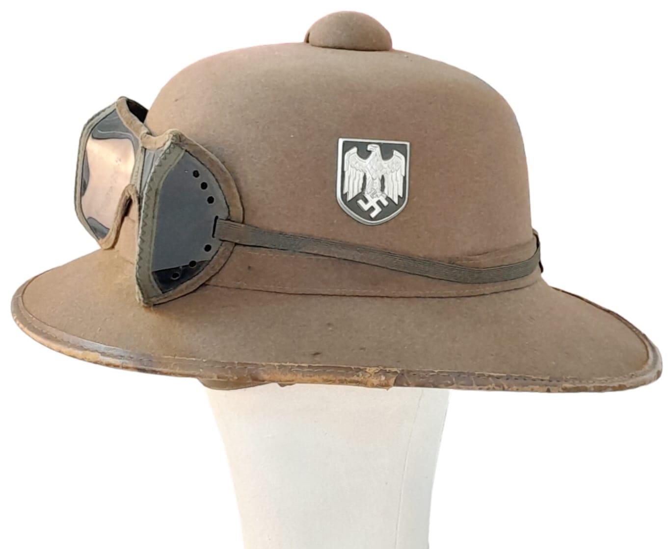 WW2 Mk II German Africa Corps Tropical Helmet inc Sand Goggles. There is a small field repair to the - Image 2 of 6