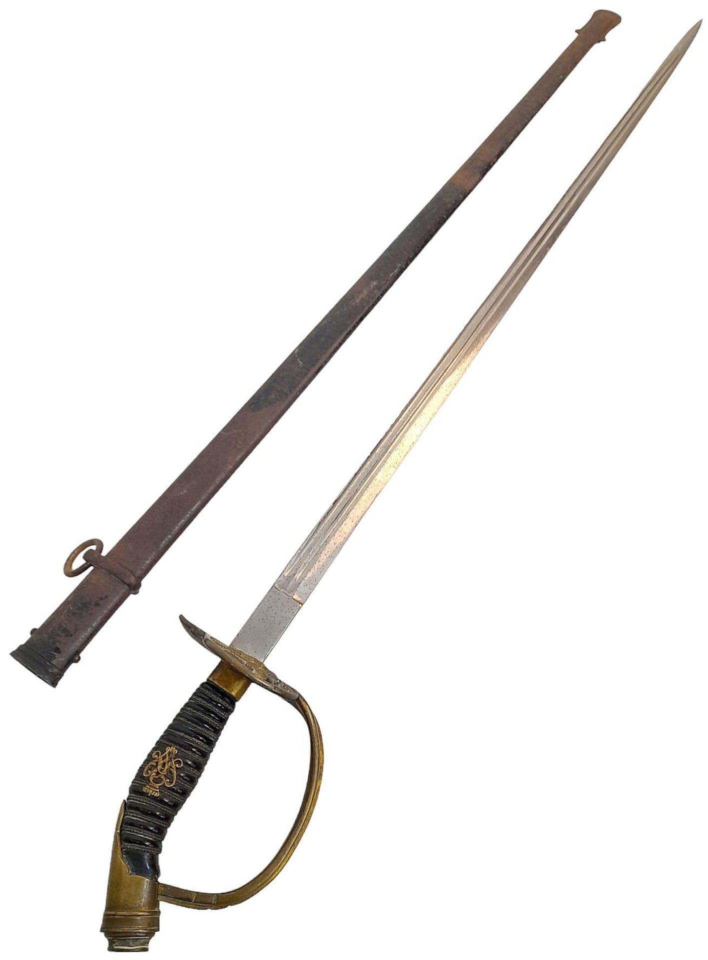 An Antique Prussian Cavalry Sword. Straight blade. Markings of A C S with a scale. Gilt brass hilt - Image 2 of 6