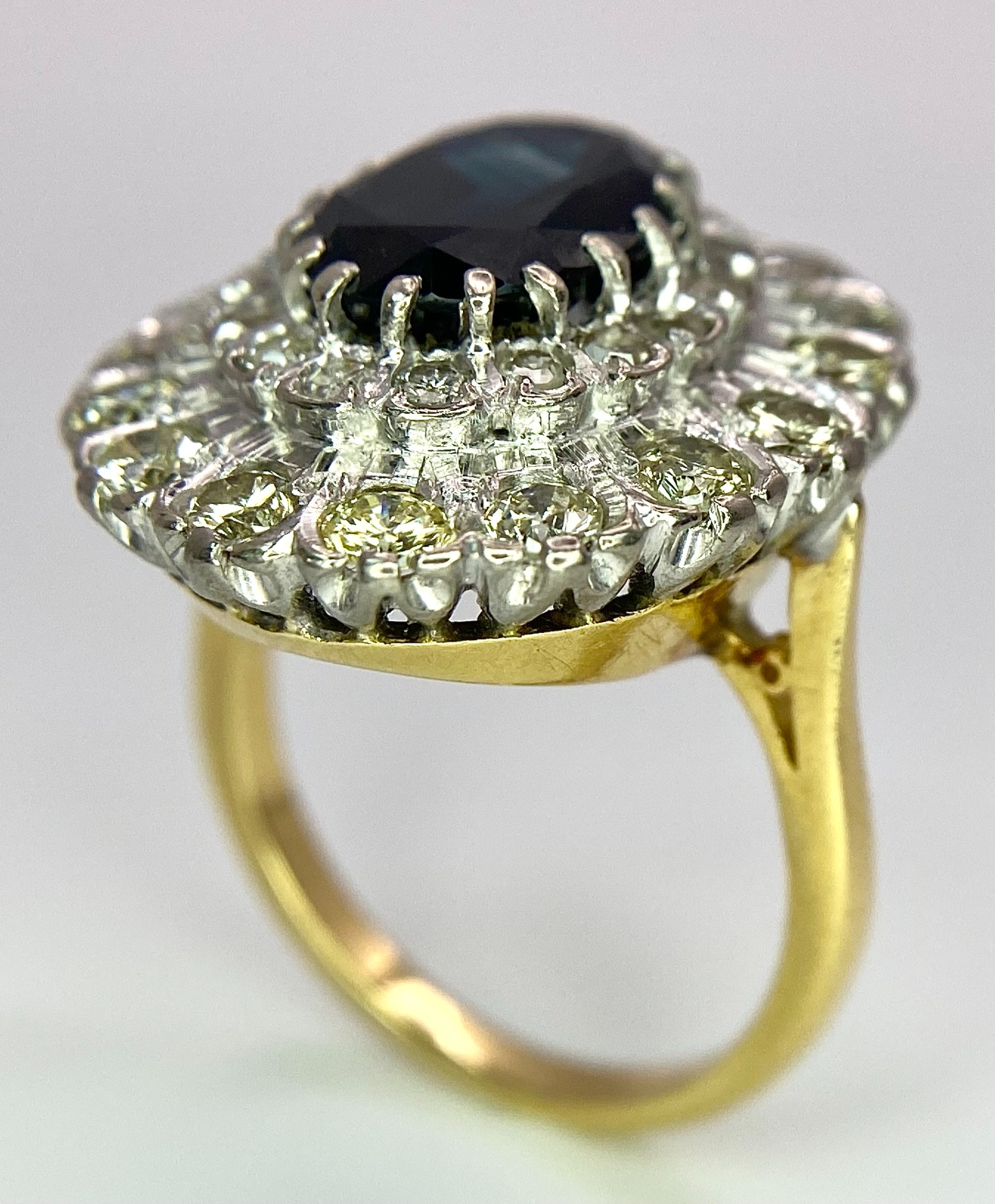 A Breath-Taking 18K Yellow Gold, Sapphire and Diamond Dress Ring. Central oval cut 3ct sapphire with - Image 6 of 9