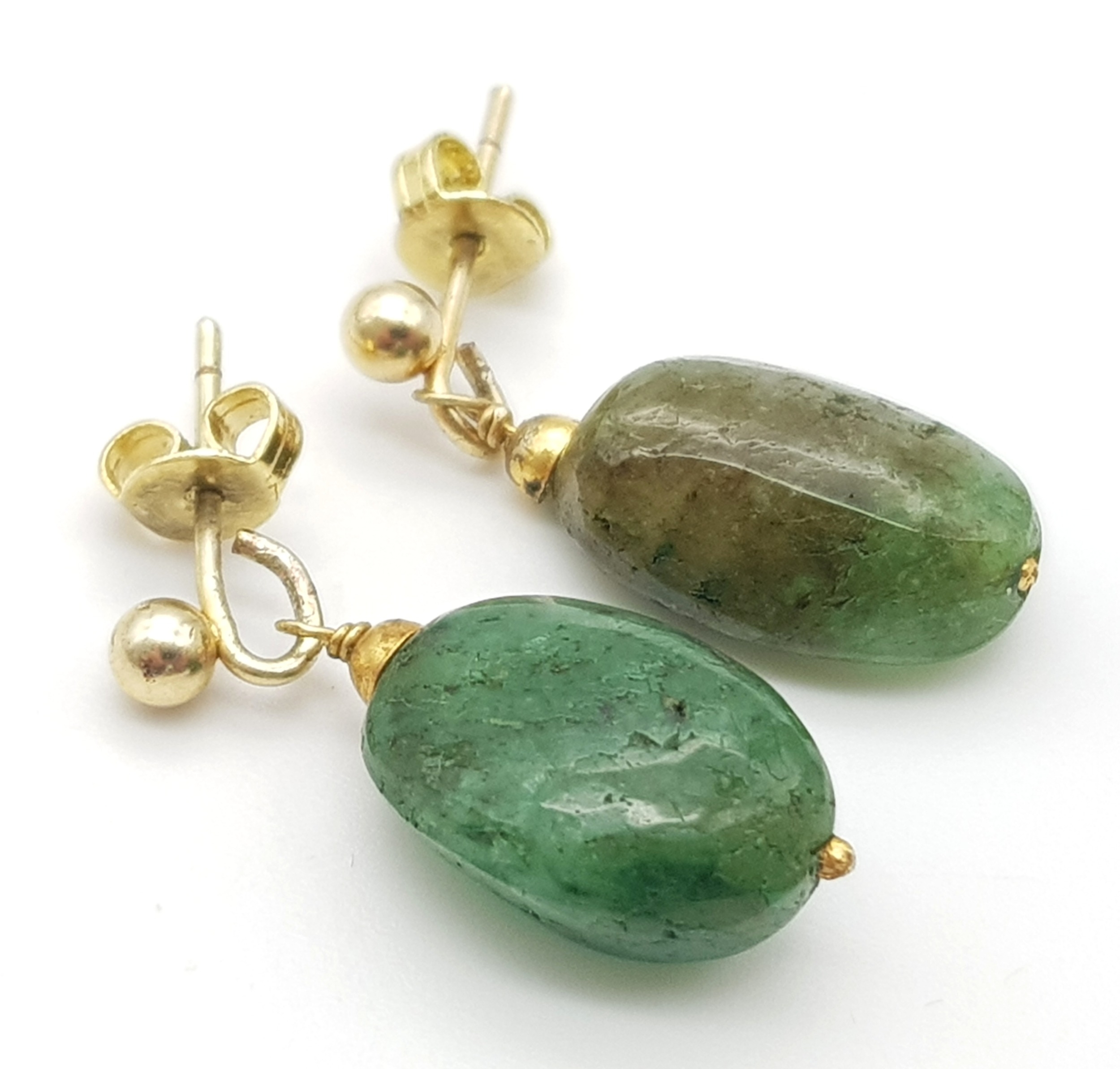 A Pair of Natural Emerald Earrings Set In Yellow Metal.