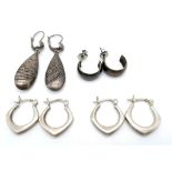 A collection of 4 vintage stylish pairs of silver earrings with various designs. Total weight 10.2G.