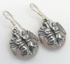 A Unique Pair of Sterling Silver and Rose Quartz Angel Design Earrings. 3cm Drop. 1.5cm Wide.