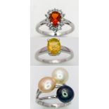Three 925 Sterling Silver Gemstone Rings: Topaz - R, Cultured Pearl - Size P. Opal - Size R.