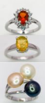 Three 925 Sterling Silver Gemstone Rings: Topaz - R, Cultured Pearl - Size P. Opal - Size R.