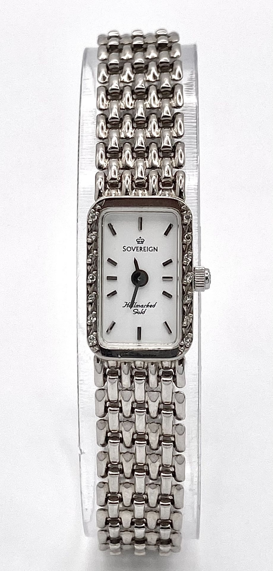 A 9K White Gold Sovereign Quartz Watch. 9K gold bracelet and case - 13mm. White dial. Diamond bezel. - Bild 4 aus 6