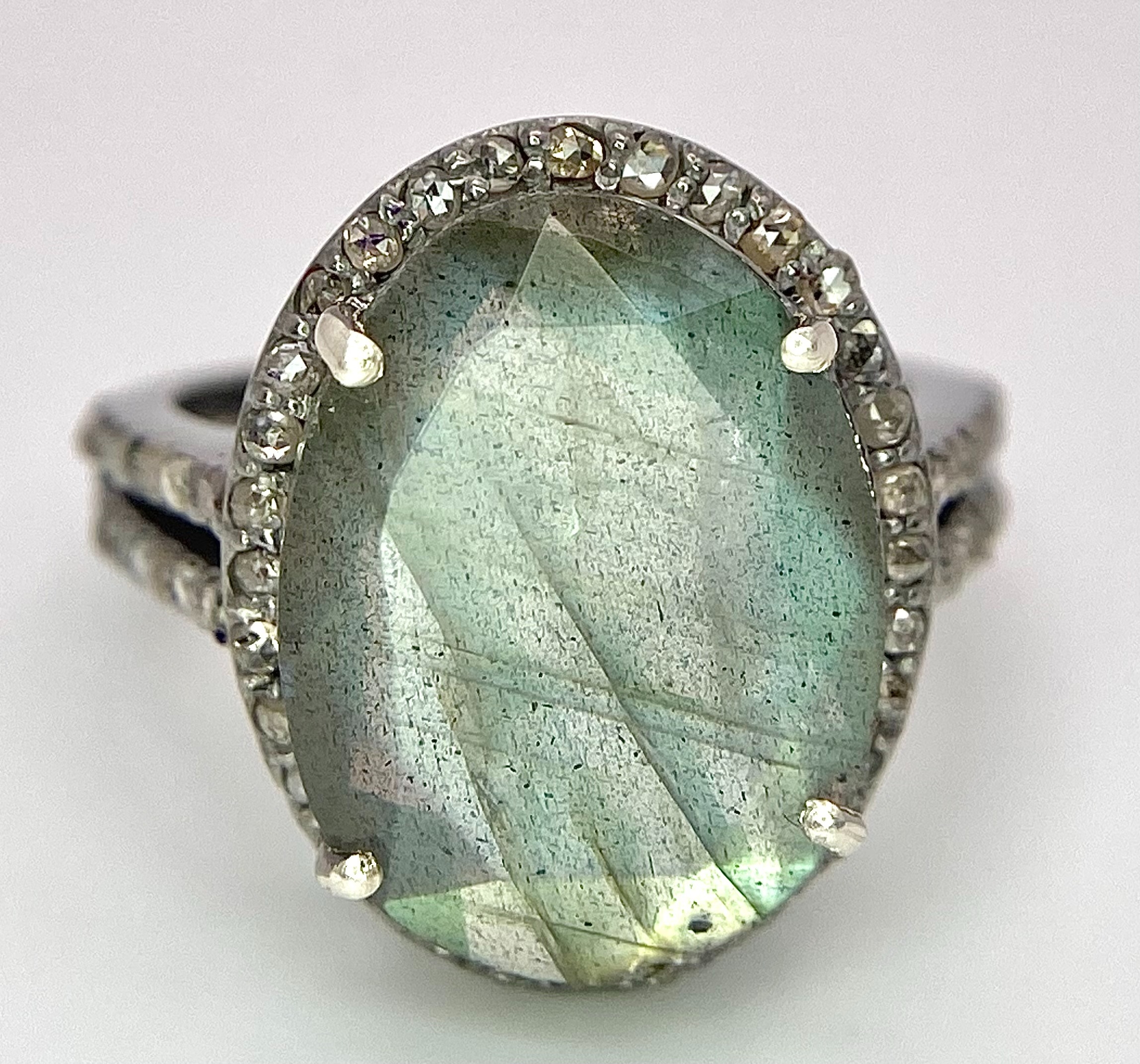 A 6.5ct Labradorite and Rose cut Diamond Ring. Diamonds- 0.60ctw. Size N. Comes with a - Image 6 of 7