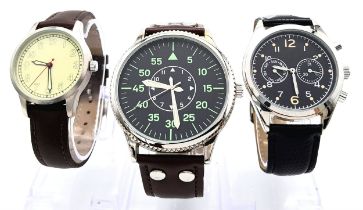 A Parcel of Three Leather Strapped, Military Designed Homage Watches. Comprising: 1) A German Design