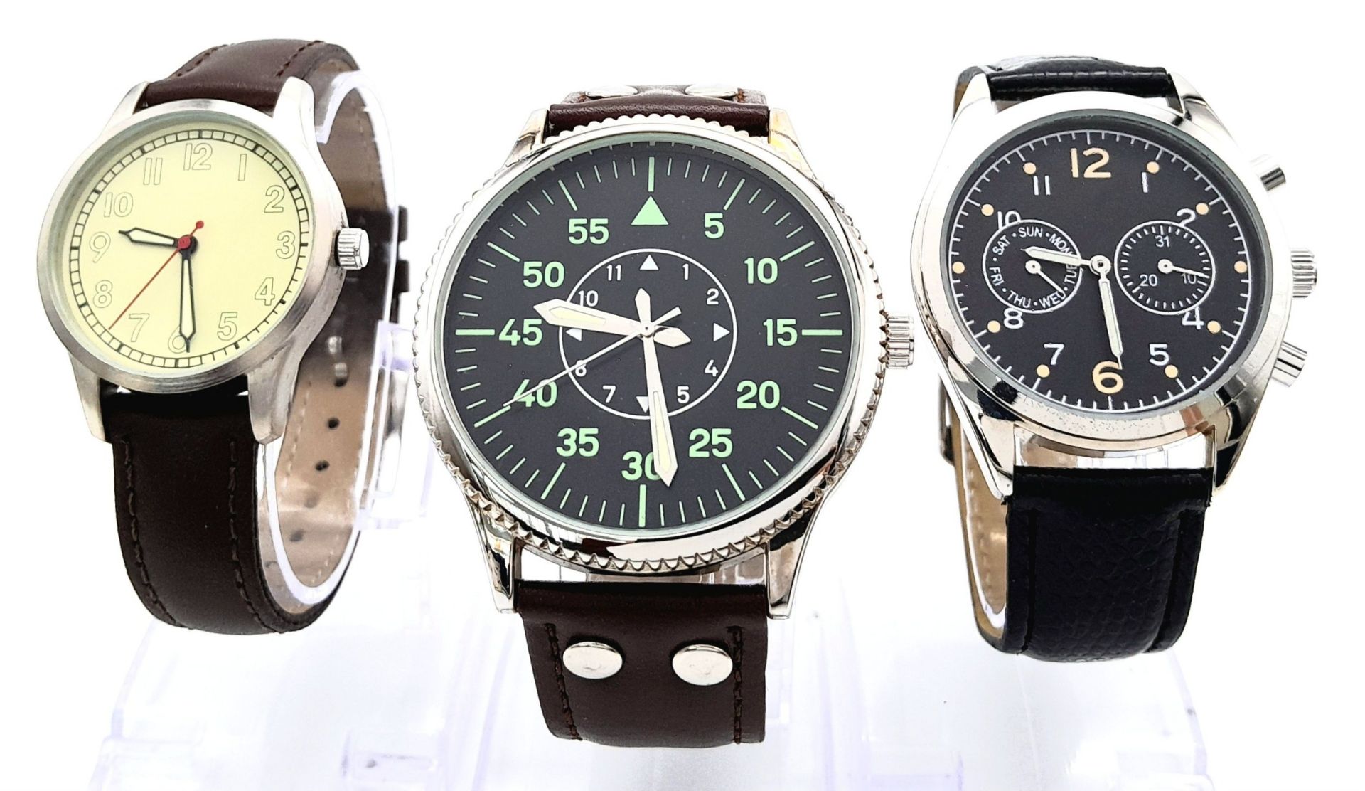A Parcel of Three Leather Strapped, Military Designed Homage Watches. Comprising: 1) A German Design