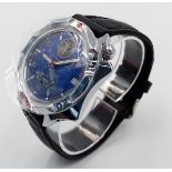 A Vostok Automatic Gents Watch. Black leather strap - stainless steel case - 40mm. Blue dial with