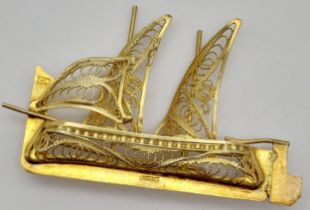 A Gilded 925 Silver Boat Brooch. Filigree and pierced decoration. 5cm.