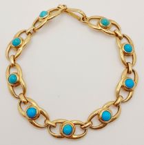 A 18K (TESTED AS) YELLOW GOLD BRACELET SET WITH 9 TURQUOISE STONES, 18CM LENGTH, 15.7G. ref: BM01