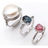 Three 925 Sterling Silver Gemstone Rings: Tourmaline - Size N, Peridot - Size N and Cultured Pearl -